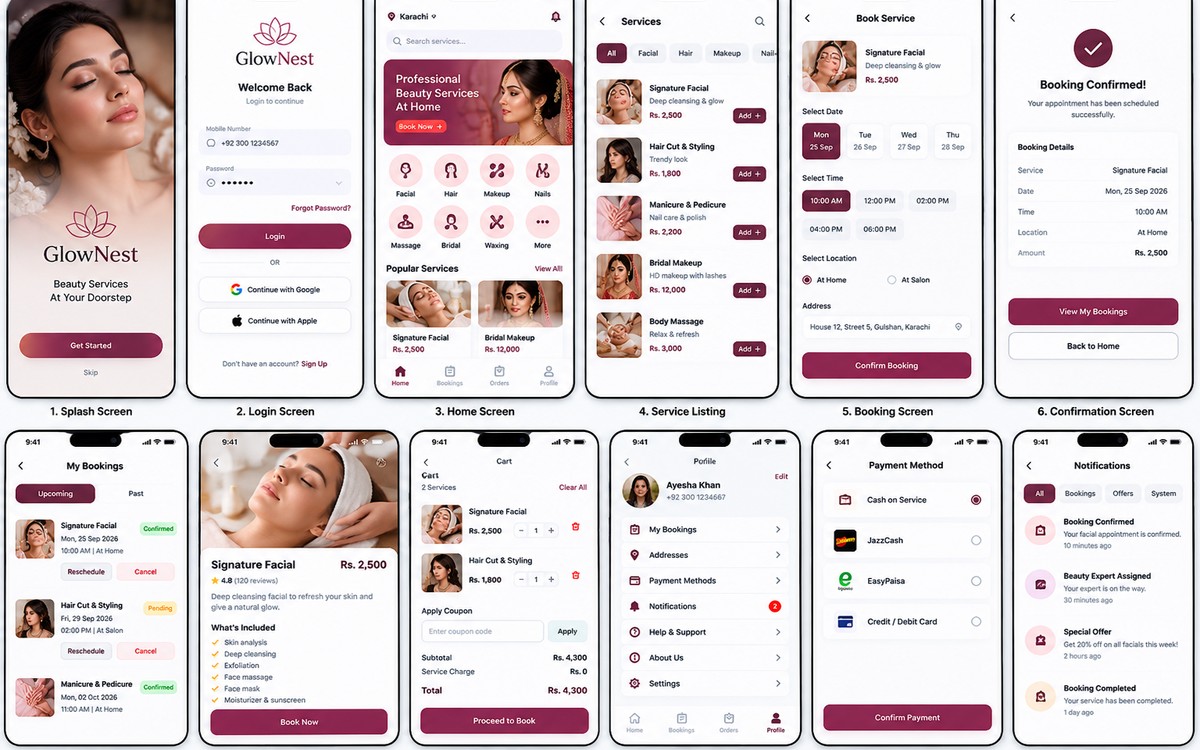 GlowNest beauty services booking mobile app